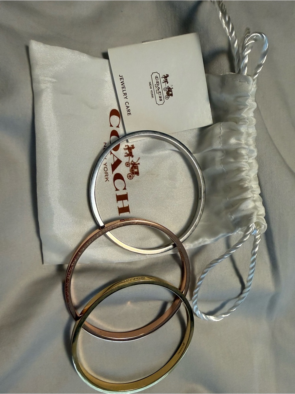 Coach Three-Tone Metal Bangle Bracelet Set - Silver, Rose Gold, Gold
